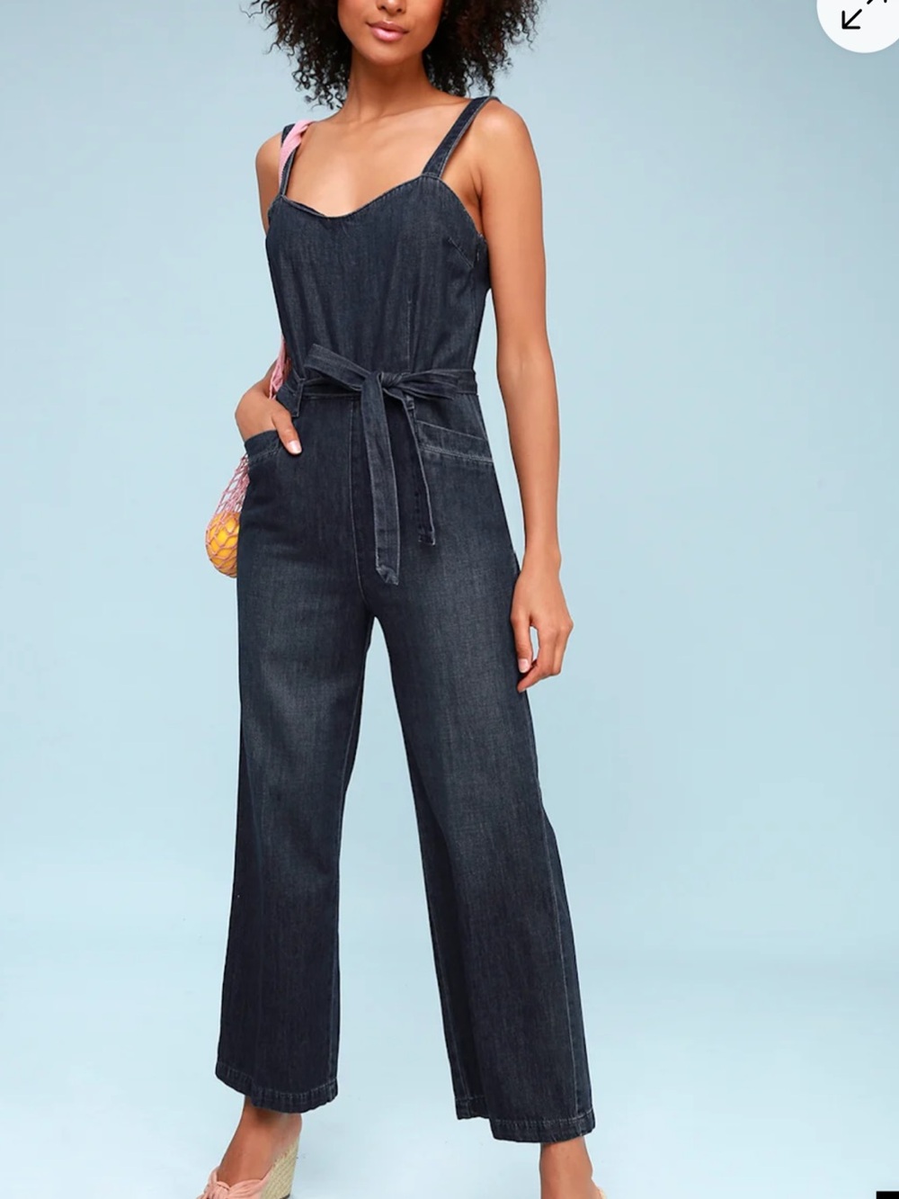 Paige Dark Wash Denim Jumpsuit with Self Tie Belt and straps.
